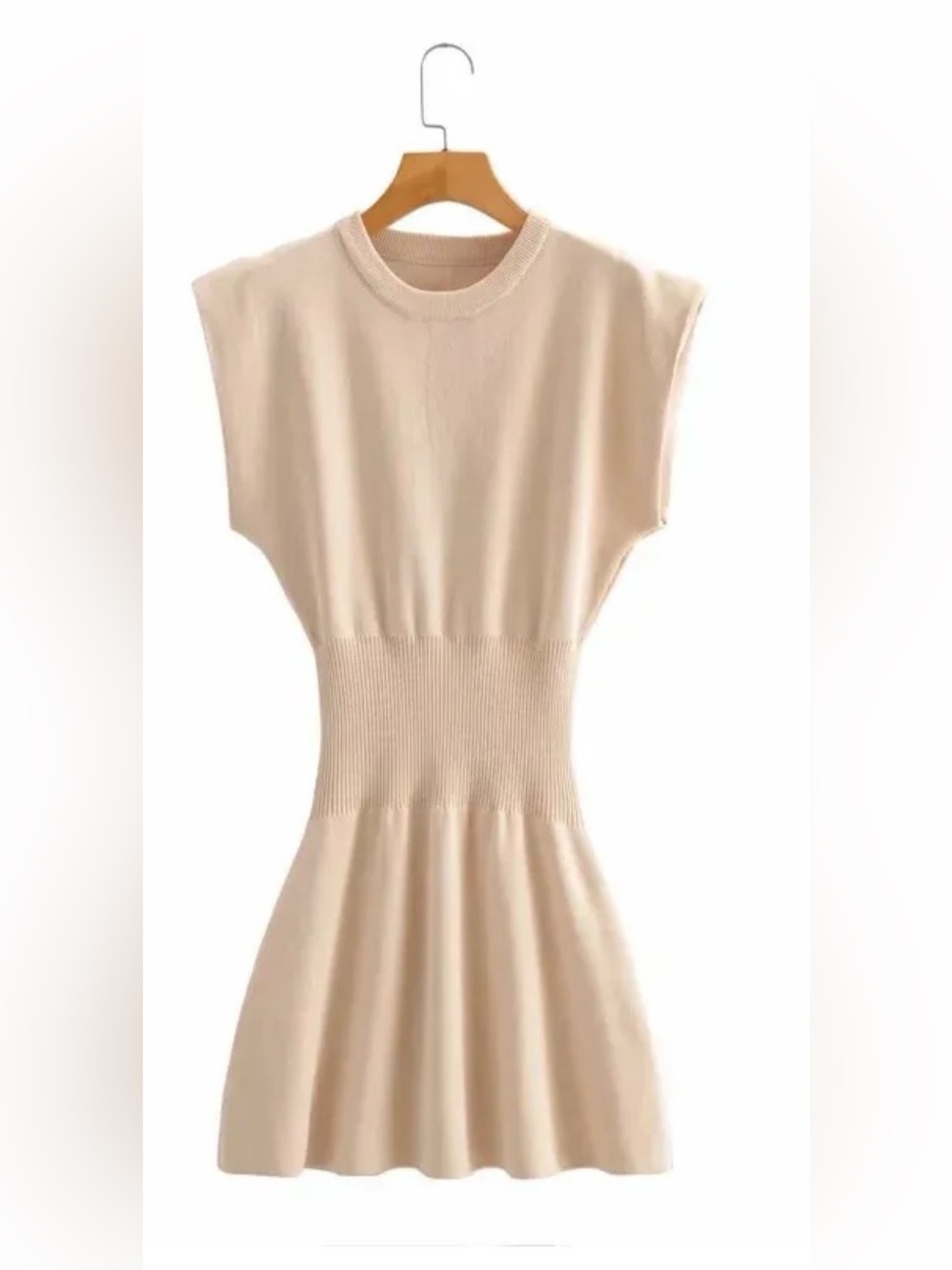 Women’s En Saison Sz Sm Beige Knitted Mini Dress Summer O-Neck Sleeveless